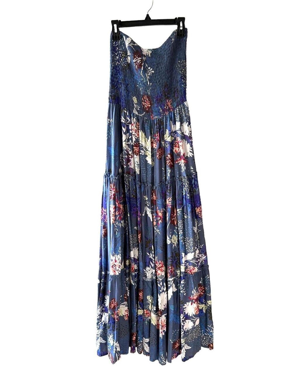 Anthropologie Jaase Strapless Maxi Dress Medium Blue Floral Smocked stretch Boho